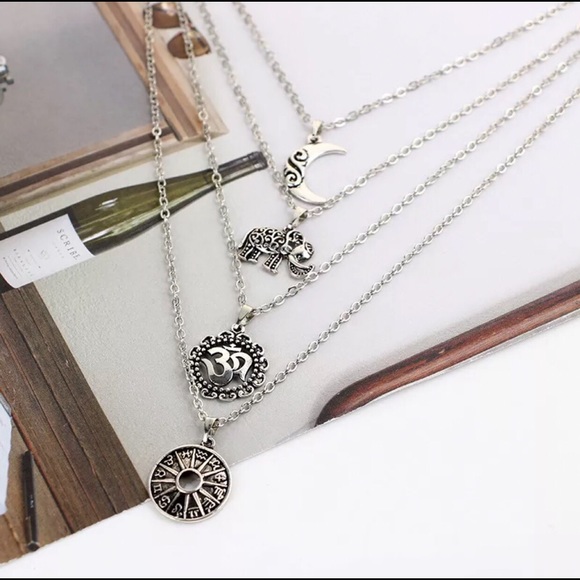 Boho 4-Strand Elephant Moon Pendant Necklace 3D - Picture 3 of 8